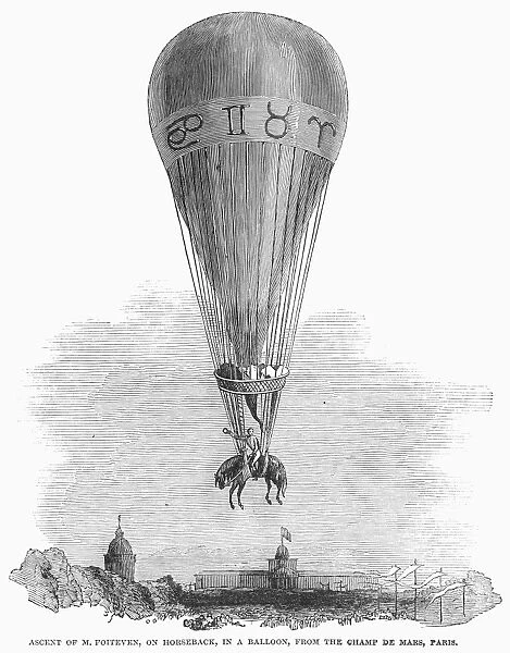 Ascent of M. Poiteven, on horseback, in a balloon, from the Champ de Mars, Paris