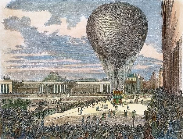 The ascent of Nadars Le Geant balloon at Brussels in 1864. Contemporary wood engraving