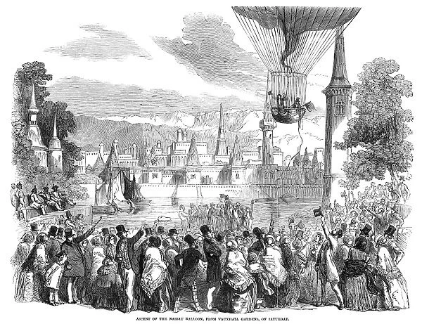 Ascent of the Nassau hot air balloon from Vauxhall Gardens in London, England, 1840. Contemporary English wood engraving