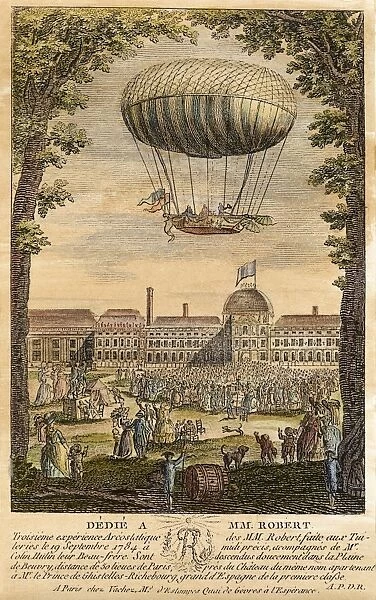 The third ascent of the Robert and Charles hydrogen balloon, September 1784, with the Robert brothers, Nicolas and Anne-Jean, in the gondola, from the Tuilleries, Paris. French copper engraving, c1784