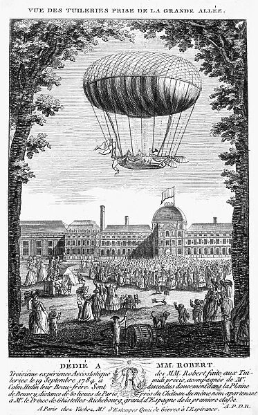 The third ascent of the Robert and Charles hydrogen balloon, September 1784, with the brothers Nicolas and Anne-Jean in the gondola, from the Tuileries in Paris, France. Contemporary copper engraving, French, 1784