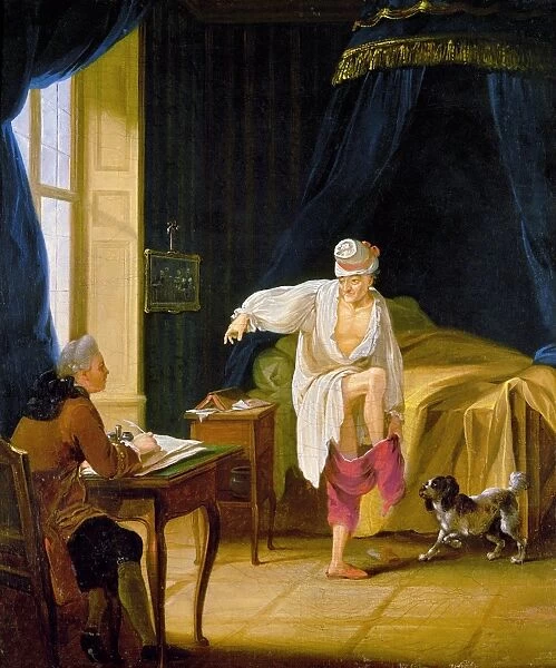 Assumed name of Fran├ºois Marie Arouet, French man of letters. Voltaire getting out of bed at his home at Ferney, France. Oil on canvas, late 18th century, by Jean Huber