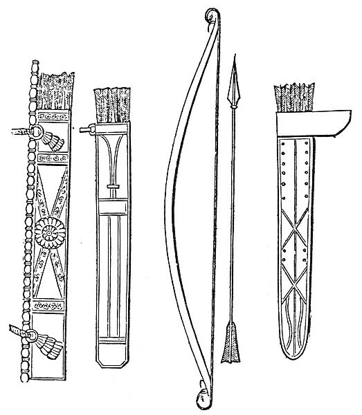 ASSYRIAN WEAPONS. Ancient Assyrian bow, arrow, and quivers. Wood engraving, 19th century