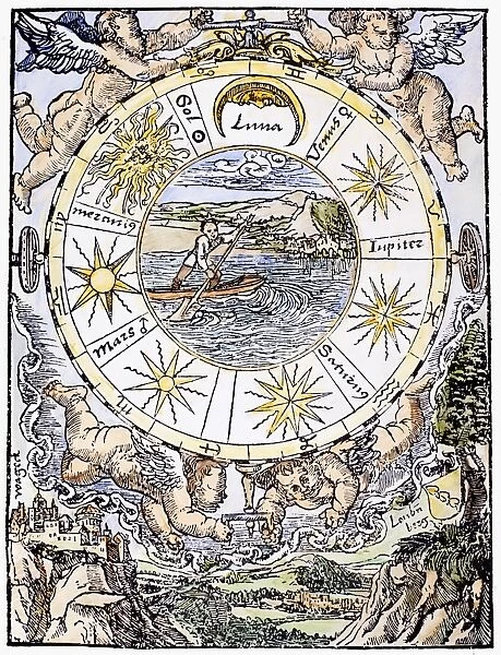 Astrological diagram showing the seven planets and the twelve signs of the zodiac rotating around the earth. Woodcut from Sebastian Munsters Organum Uranicum, Basel, Switzerland, 1536