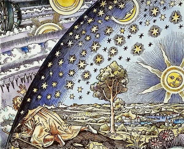 ASTROLOGY, 16th CENTURY. Medieval astrologer attempting to discover the secrets behind the Milky Way: colored woodcut, Swiss or German, early 16th century