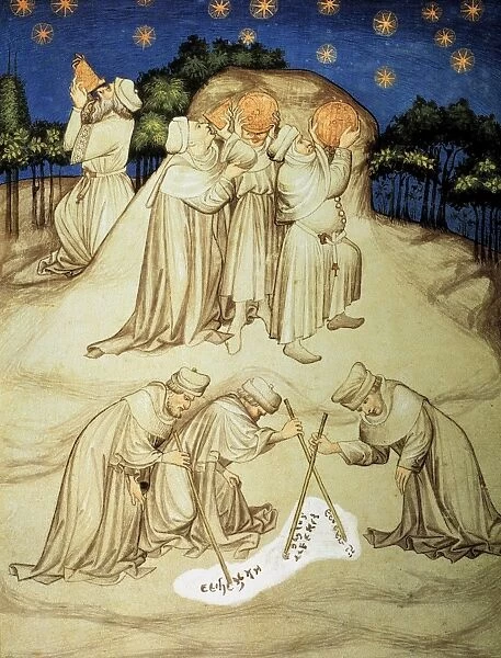 ASTRONOMERS atop Mount Athos, Greece, study the heavens with the aid of astrolabes while others record their readings: 15th century ms. illumination