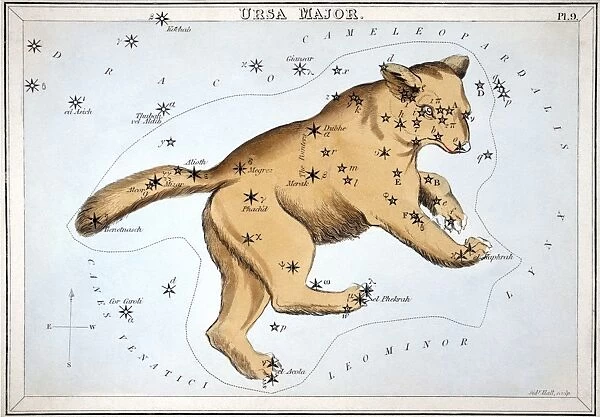 ASTRONOMY: URSA MAJOR. Astronomical chart showing the Ursa Major constellation in the shape of a bear. Hand colored etching by Sidney Hall, c1825