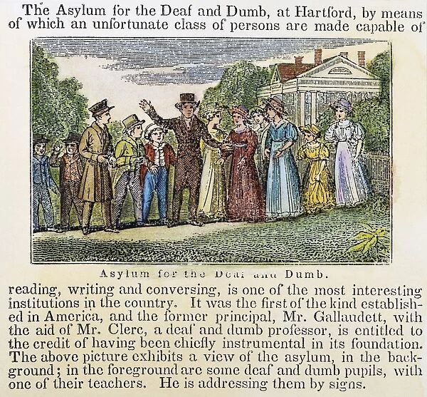 ASYLUM FOR THE DEAF  /  DUMB. Asylum in Hartford, Connecticut. Color engraving from an American school geography text, 1842