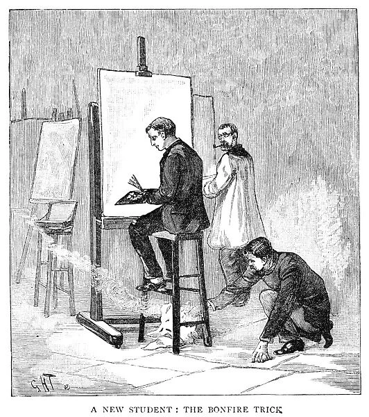 ATELIER, 1884. An art student lighting a fire under the chair of a new fellow student