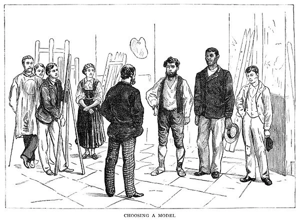 ATELIER, 1884. An art teacher selects a model at a European atelier. Engraving
