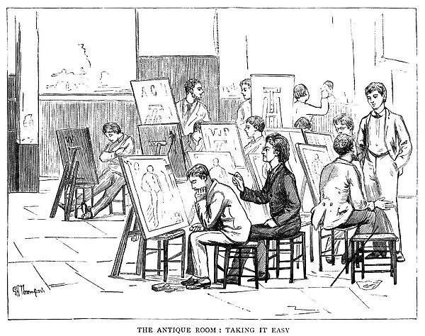 ATELIER, 1884. Bored art students falling asleep in a class focused on drawing ancient sculpture