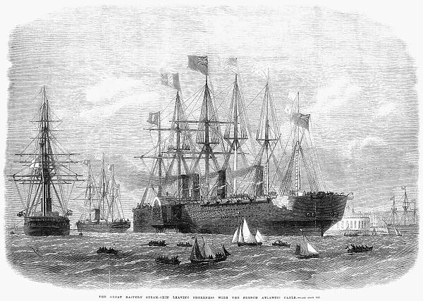 ATLANTIC CABLE, 1869. The Great Eastern steam-ship leaving Sheerness with the French Atlantic Cable. Wood engraving from an English newspaper of 1869