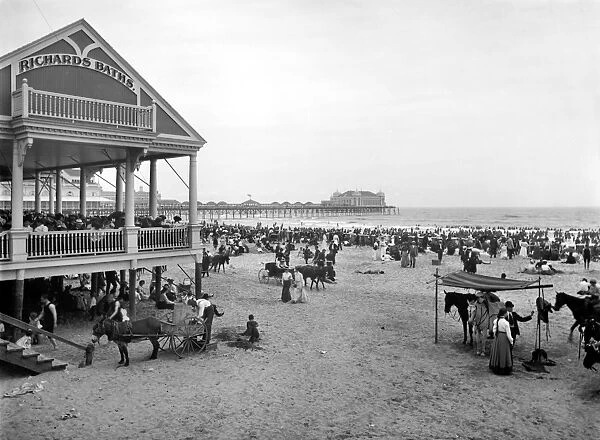 ATLANTIC CITY: BEACH, c1900. A view of the beach from the boardwalk with Richards Baths in the foreground, Atlantic City, New Jersey. Photograph, c1900