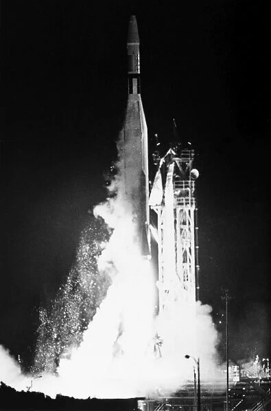 An Atlas-Agena booster rocket launching the Mariner 1 spacecraft, which failed when the rocket deviated off course shortly after liftoff at Cape Canaveral, 22 July 1962