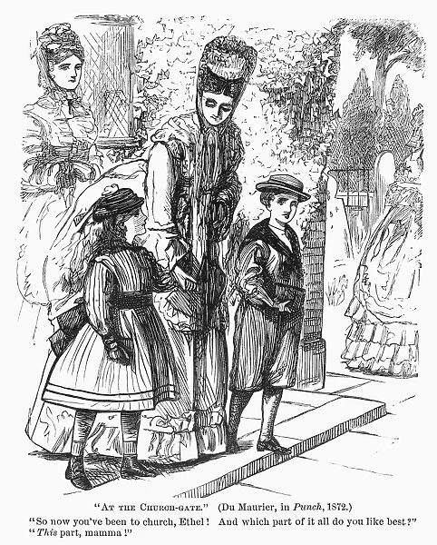 ATTENDING CHURCH, 1872. At the Church-Gate. English cartoon by George Du Maurier