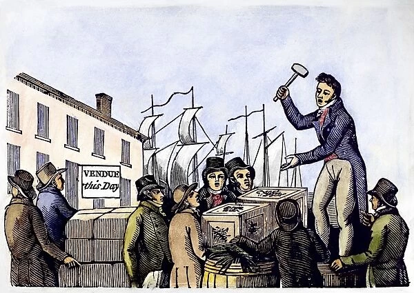 AUCTION, c1830. Goods being auctioned in an American seaport. Woodcut, American, c1830
