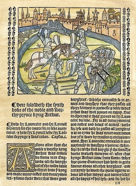 AUNCELOT OF THE LAKE. Woodcut depicting Launcelot at a tournament, from Wynkyn