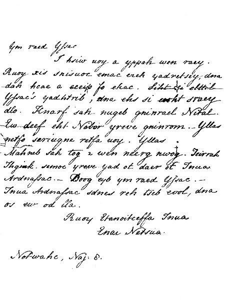 AUSTEN: LETTER, 1817. Autograph letter in mirror writing from English novelist Jane Austen (1775-1817) to her niece, Cassy, 1817