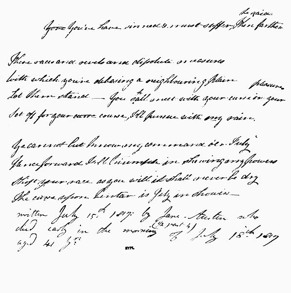 AUSTEN: LETTER, 1817. Letter by Jane Austen three days before her death on 18 July 1817