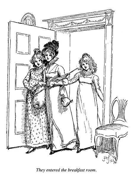 AUSTEN: PRIDE & PREJUDICE. The Bennet sisters, Kitty and Lydia, along with Charlotte Lucas, enter the Bennet breakfast room. Illustration by Hugh Thomson for an 1894 edition of Jane Austens novel Pride and Prejudice, first published in 1813