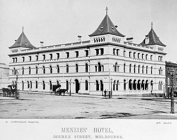 AUSTRALIA: MELBOURNE, 1870. Menzies Hotel on Bourke Street in Melbourne, Australia