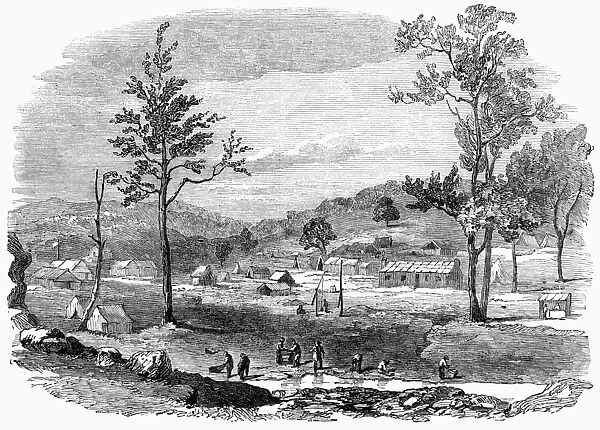 AUSTRALIAN GOLD RUSH, 1853. Gold mining camp at the junction of the Turon River