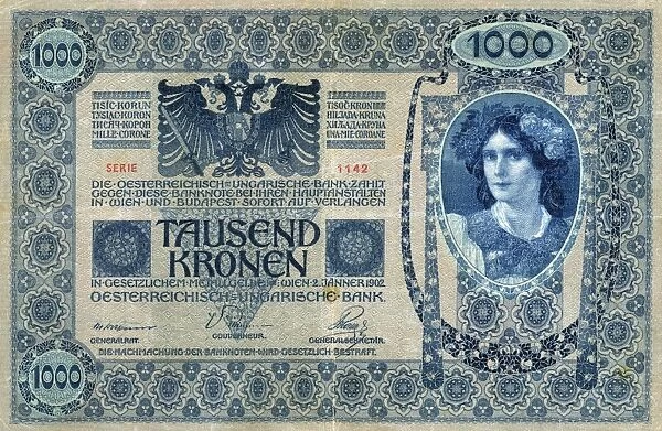 AUSTRIA: BANKNOTE, 1902. Banknote for 1000 kronen issued in the Austro-Hungarian