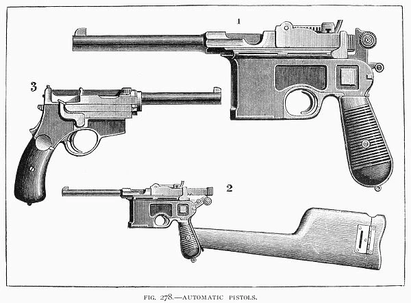 AUTOMATIC PISTOLS. 1) Mauser pistol; 2) Mauser pistol with attachable stock. This stock is hollow and doubles as the case for the pistol; 3) Mannlicher pistol. Line engraving, American, late 19th century