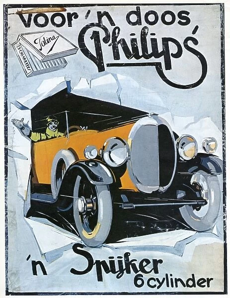 AUTOMOBILE AD, c1920. Dutch poster advertising Philips cigarettes and Spijker motorcars