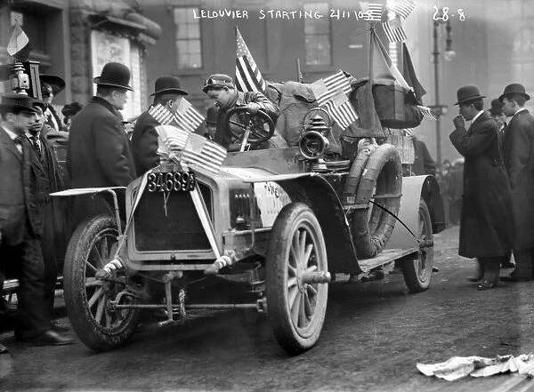 AUTOMOBILE RACE, 1908. Lelouvier in his automobile in Time Square, New York City, at the start of the Great Race from New York to Paris, 1908