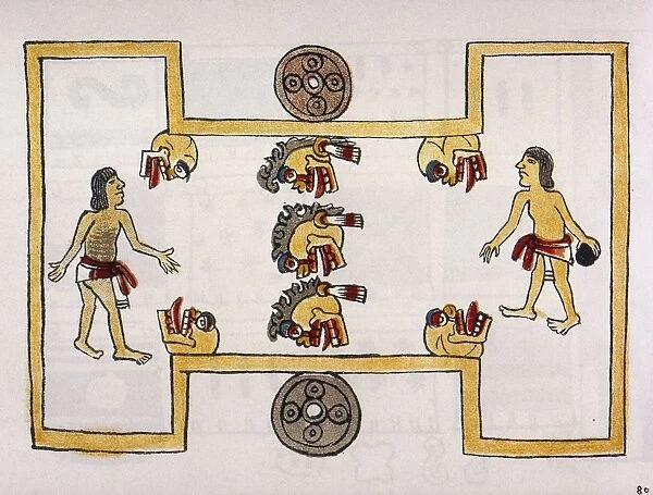 AZTEC BALL GAME. Manuscript illumination of an Aztec ball game court and ball players, from Codex Magliabecchiano