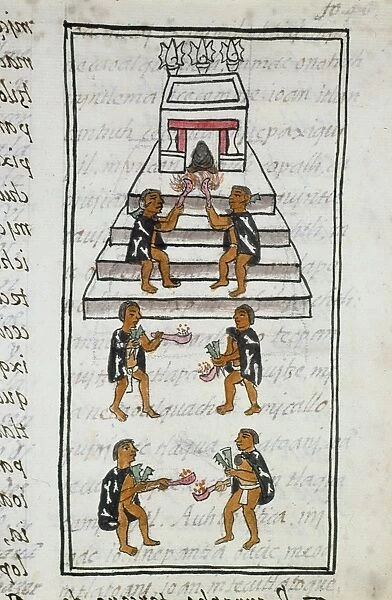 AZTEC CEREMONY. Aztec priests performing a ceremony at a temple