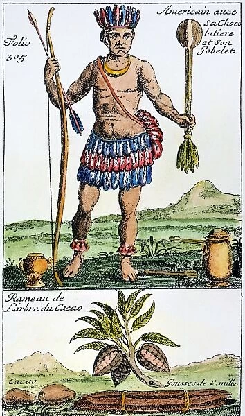 AZTEC: CHOCOLATE, 1685. An Aztec with his chocolate. Line engraving from a French history of chocolate, tea, and coffee published in 1685