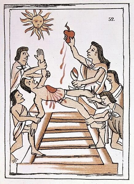 AZTEC RITUAL SACRIFICE. Aztec priests removing the heart during a ritual sacrifice to the sun
