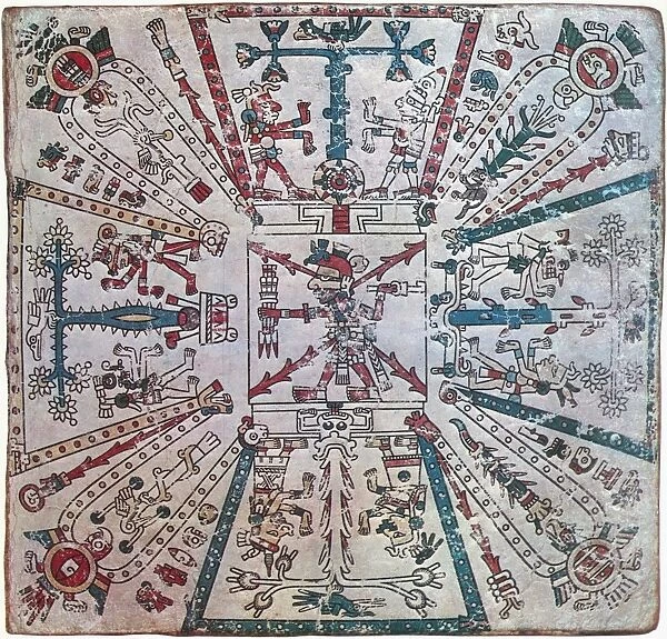 AZTEC WORLD REGIONS. Aztec painting from the Codex Fejervary-Mayer depicting five world regions, four of which have been destroyed, the center is the region of the present world