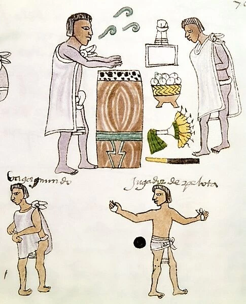 AZTECS: RECREATION, c1540. An entertainer sings and beats a drum with a head of ocelot skin (top)