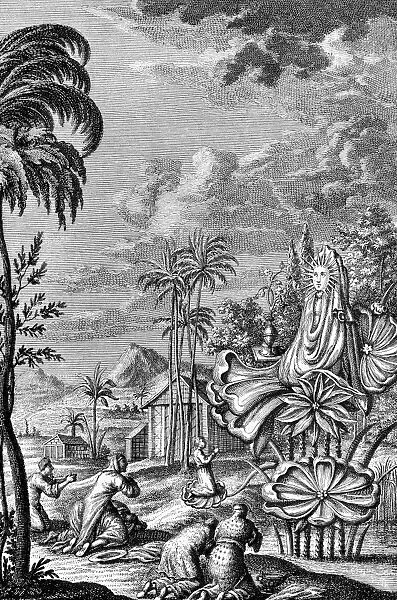 BABYLON: SUN WORSHIP. The cult of sun worship in ancient Babylon. Line engraving, 1733