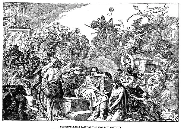 BABYLONIAN CAPTIVITY. Nebuchadnezzar carrying the Jews into captivity. Wood engraving, 19th century