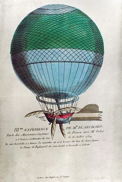 The third balloon ascent of J. P. F. Blanchard at Rouen, France, in July 1784. Contemporary French engraving