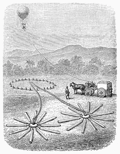 Balloon filling with compressed hydrogen gas, 19th century engraving