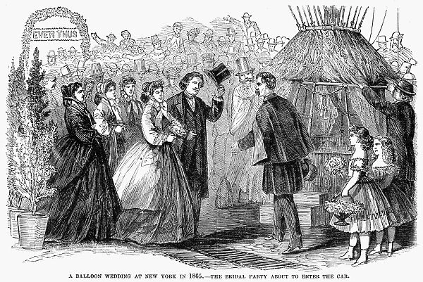 A balloon wedding in New York, 1865. Wood engraving, American, 19th century