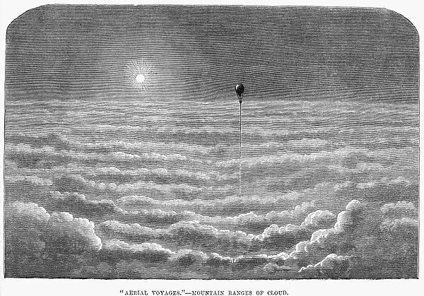Ballooning. Aerial voyages. Mountain ranges of cloud. Wood engraving, English, 1870