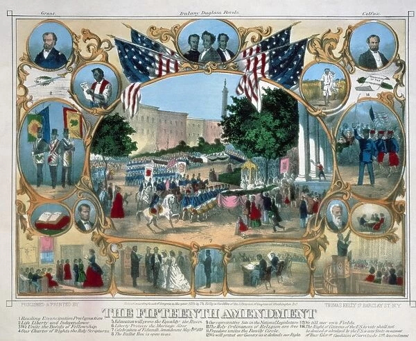 BALTIMORE: 15th AMENDMENT. Parade held in Baltimore, 19th May 1870, to celebrate the passing of the 15th Amendment granting universal male suffrage. Contemporary American lithograph