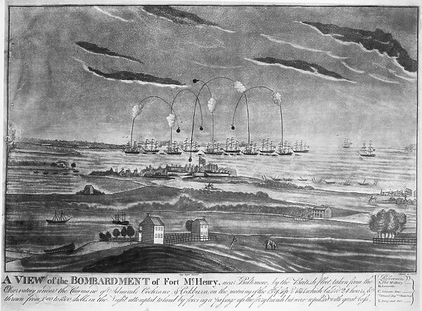 BALTIMORE: FORT McHENRY. The British naval bombardment of Fort McHenry, in Baltimore, Maryland, 13-14 September 1814, during the War of 1812. Contemporary aquatint by John Bower