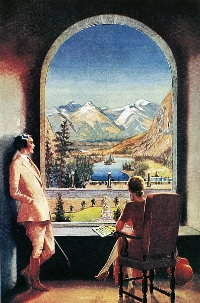 BANFF HOTEL, c1929. Canadian Pacific Railway menu cover showing a scene at Banff Springs Hotel, Banff, Alberta, Canada, c1929