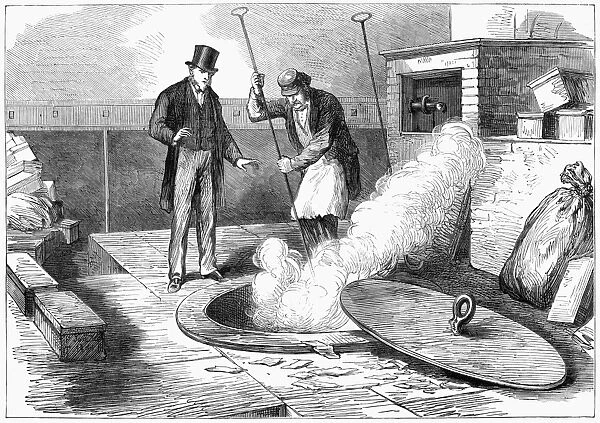 BANK OF ENGLAND, 1872. The burning of banknotes taken out of circulation, at the