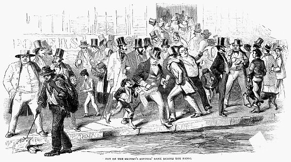 BANK PANIC OF 1857. Run on the Seamens Bank for Savings in New York City in October 1857. Wood engraving from a contemporary newspaper