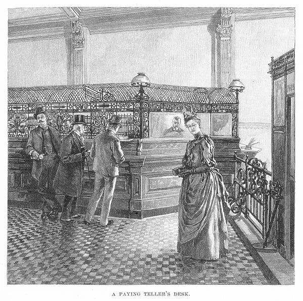 BANKING, 19th CENTURY. A paying tellers desk: steel engraving, 19th century