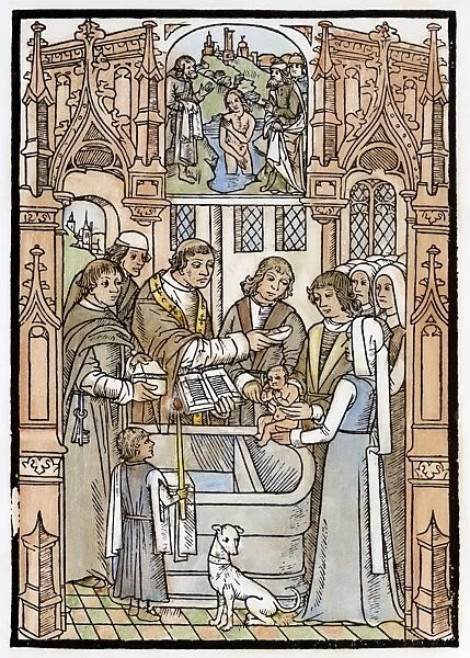BAPTISM, 1492. Woodcut from L Art de bien Vivre et de bien Mourir, published at Paris