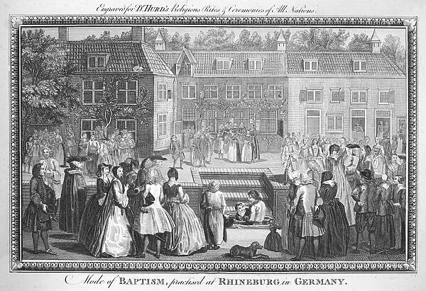 BAPTISM, 1790. Mode of baptism, practised at Rhineburg in Germany. Copper engraving, English, 1790